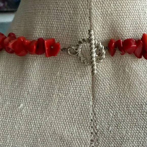 Red Coral & Pearl Pendant Necklace with Silver Tone Toggle Clasp.